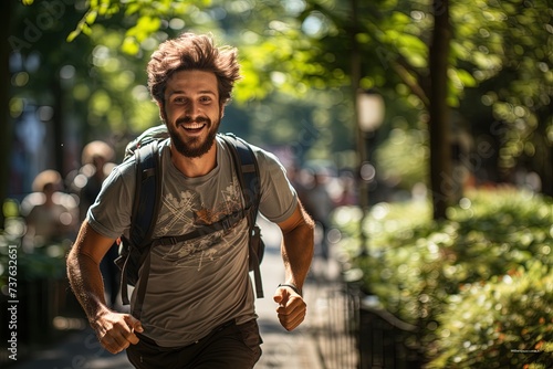 Portrait of a young smiling Caucasian tourist running in a park. photo