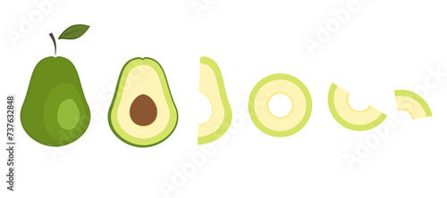 Set of cute flat vector green avocado - fruit split in a half , quarter, circle, sliced on half and quarter. Fresh healthy fruits for sticker, menu and salad recipe design, package
