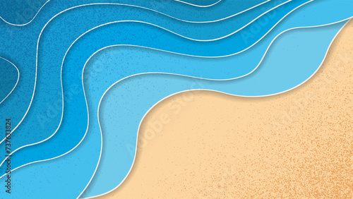 Textured summer paper cut vector background with blue wavy water and beige grainy beach. Cute cutout tropical wallpaper for travel advertisement, nature banner design