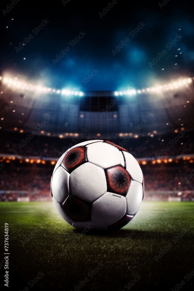 Naklejka premium Traditional soccer ball on soccer field