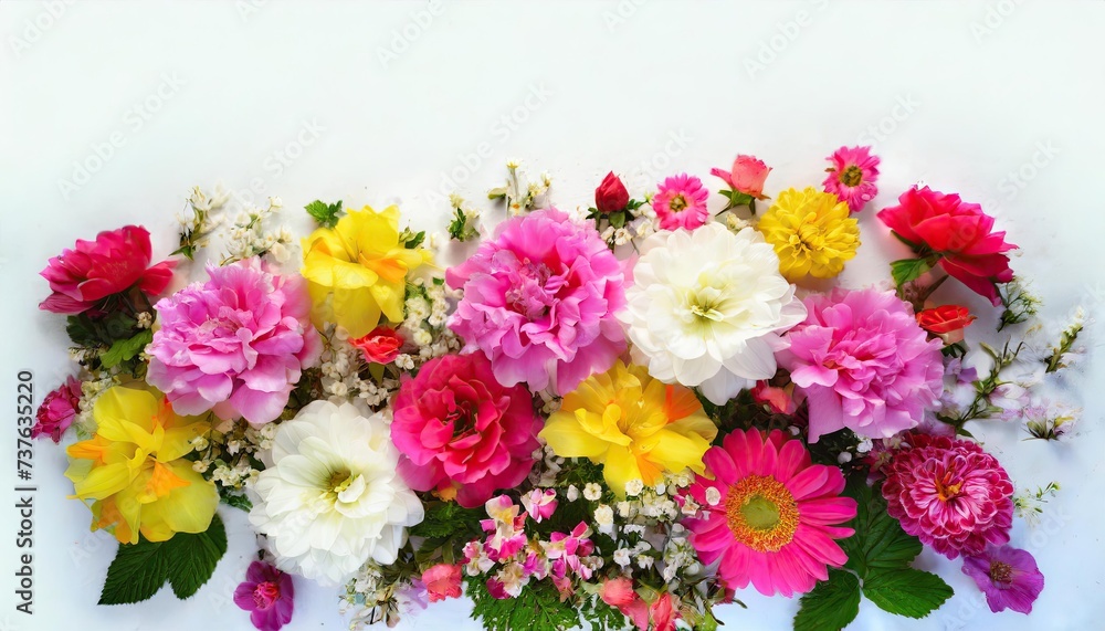 Frame of flowers on a light background; place for text with copy space, flat lay and top view