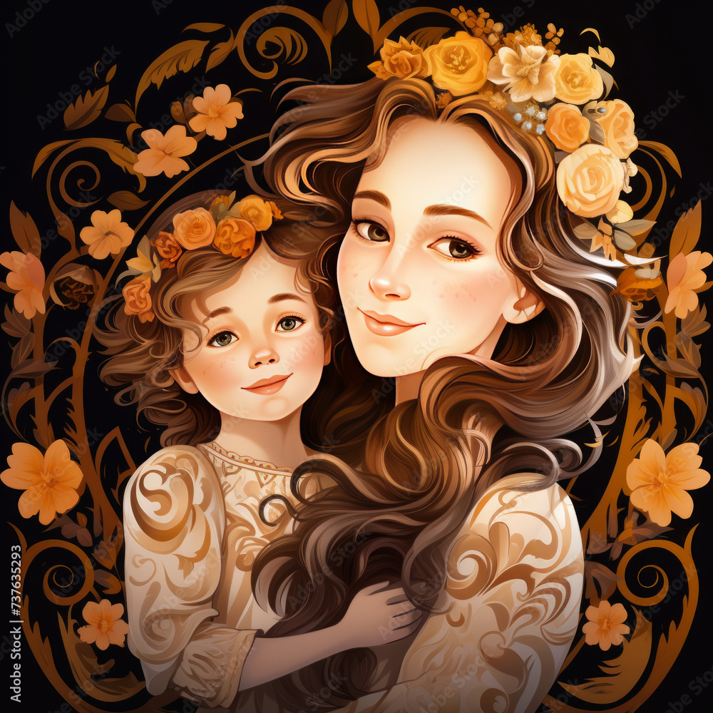 Artistic illustration of Mother and Daughter with floral  ornaments, Baroque  style. The Art of Motherhood and Boundless Love for Children. Mother’s Day design.