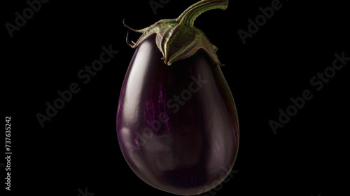 The velvety purple skin of an eggplant its shape punctuated by hints of deep dark green. At the base a sy stem reaching towards the sky a symbol of strength and growth.