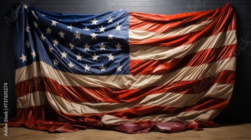 American Flag Draped Over Brick Wall