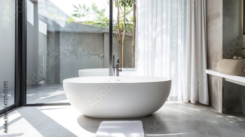 Contemporary Bathroom with Freestanding Bathtub and Large Window for Natural Light AI Generated.