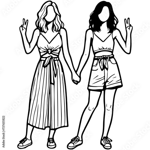 Girl Friends Sketch Drawing.