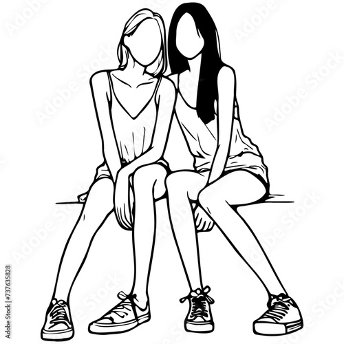 Girl Friends Sketch Drawing.