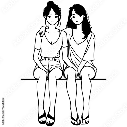 Girl Friends Sketch Drawing.