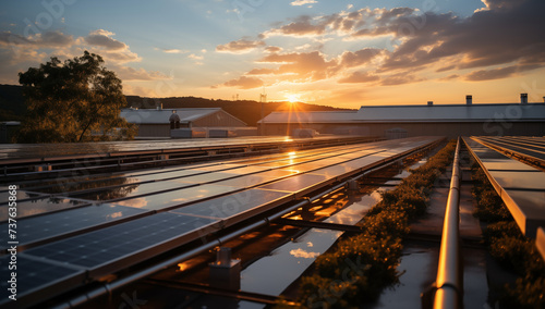 Solar cells on the roof of an industrial factory. Concept of love the earth, love energy.