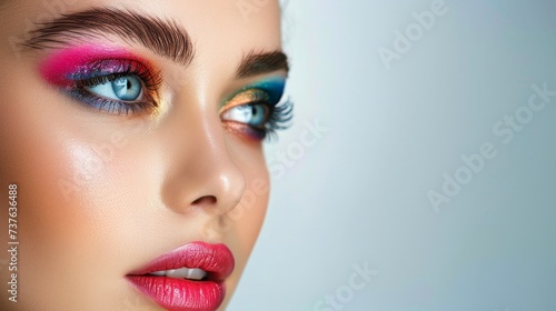 Obraz na płótnie Close-up, Pretty face of a beautiful woman with multi colors vivid makeup on minimal background w salonie