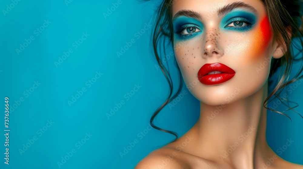 Close-up, Pretty face of a beautiful woman with multi colors vivid makeup on minimal background Close-up, Pretty face of a beautiful woman with multi colors vivid makeup on minimal background