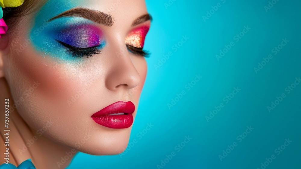 Close-up, Pretty face of a beautiful woman with multi colors vivid makeup on minimal background