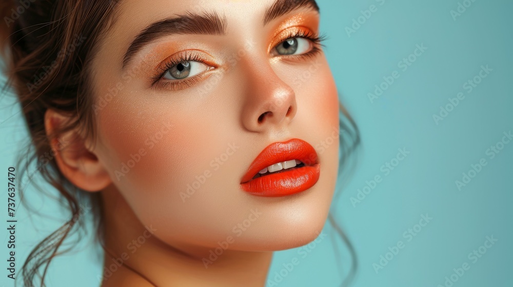 Close-up, Pretty face of a beautiful woman with multi colors vivid makeup on minimal background Close-up, Pretty face of a beautiful woman with multi colors vivid makeup on minimal background