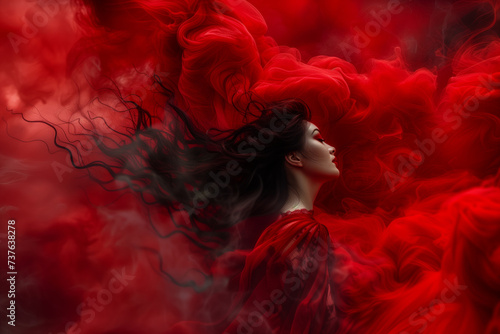portrait of a woman in a red dress surrounded by red smoke