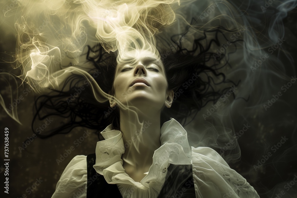 portrait of a witch with her soul leaving her body, represented in white smoke