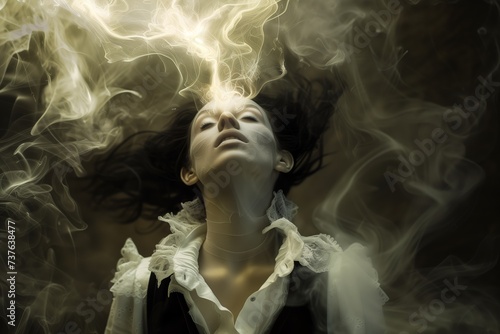 portrait of a witch with her soul leaving her body, represented in white smoke