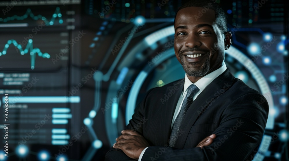 Photo of a successful black businessman, working at stock market business finance, AI generated image Photo of a successful black businessman, working at stock market business finance, AI generated image