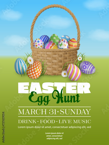 easter egg hunt poster with colorful eggs in a basket