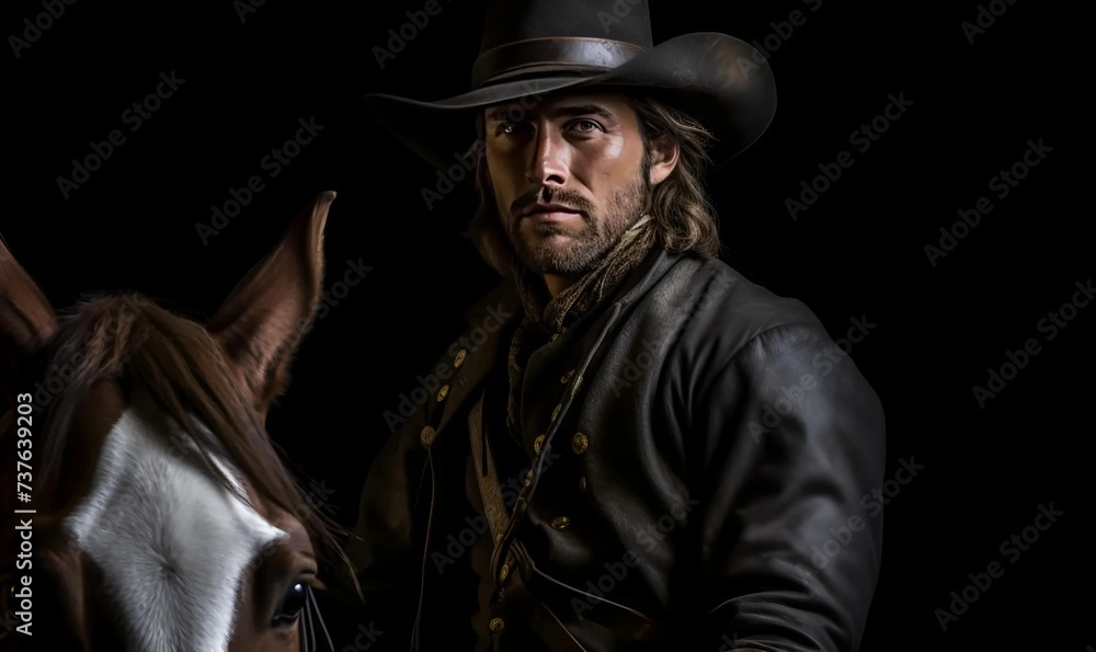 close up handsome man riding horse isolated black background - obrazy, fototapety, plakaty 