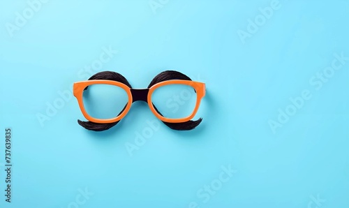 Overhead glasses, nose and mustache for April 1, April Fool's Day, copy space background