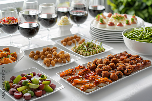 A selection of gourmet appetizers on white tableware accompanied by red wine, ideal for social events and celebrations.