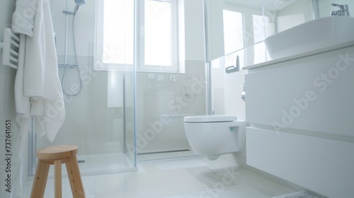 Serene and Minimal Bathroom Design with White Toilet and Glass Shower AI Generated.