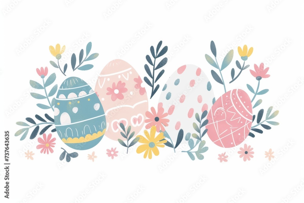 Happy Easter Eggs Basket Petals. Bunny in flower easter Festive attire decoration Garden. Cute hare 3d Minimalistic easter rabbit spring illustration. Holy week Food card wallpaper bunny decoration