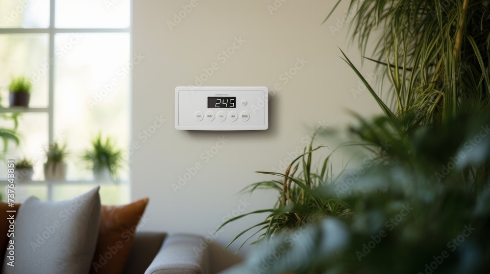 Digital Thermostat. Digital Thermostat on wall. Adjusting and setting thermostat to save energy. - obrazy, fototapety, plakaty 