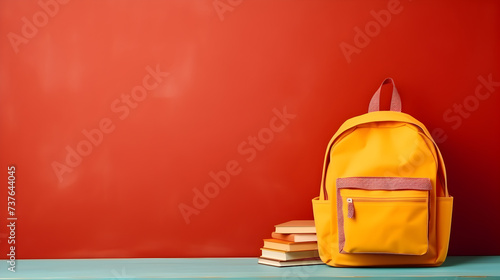 School backpack with books isolated on red background, education and learning concept