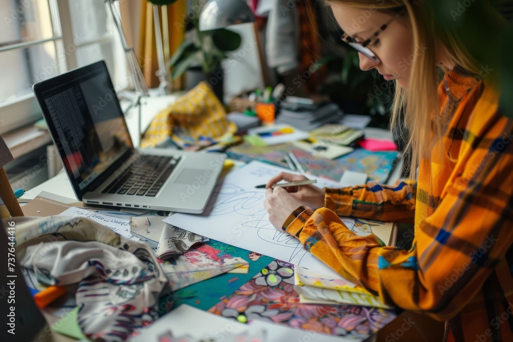 designer desk, female fashion designer sketching idea on paper at desk - obrazy, fototapety, plakaty 