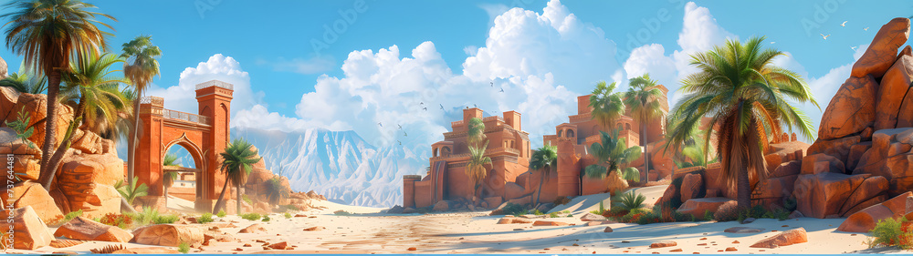 panorama of ancient ruins in the desert, background with a ratio size of 32:9