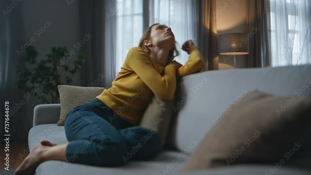 Pensive lady napping sofa resting alone at evening home. Sad woman solitude Pensive lady napping sofa resting alone at evening home. Sad woman solitude