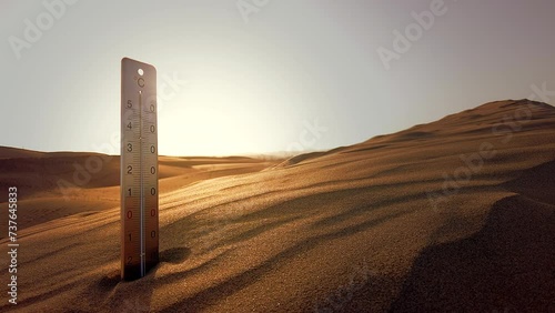 The blazing sun shines over a sandy dune landscape as a thermometer measures the scorching heat photo