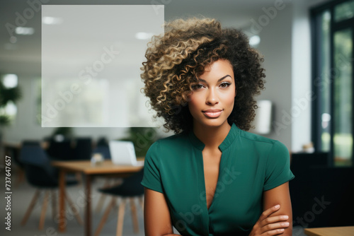 Confident Young Businesswoman in a Modern Office Environment, Open Empty Text Copy Space Used for a Poster, Announcement, Invitation, Message, Seminar or Sign 