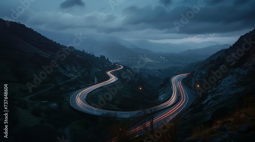 As dusk fell, lights and vehicle traces from cars and trucks could be seen circling along a mountain road between circular ravines photo