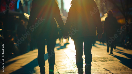 A couple holding hands their shadows intertwined as they stroll through the bustling street.