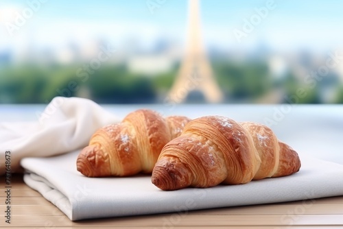 Fresh delicious french croissants on romantic parisian dessert with Eiffel Tower blur view