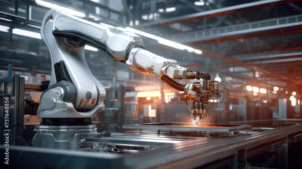 Robotic arm automation in a bustling car factory with advanced machinery. Industry 4.0 revolution.
