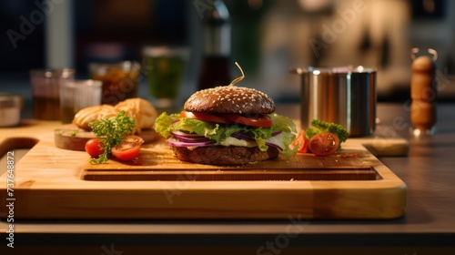 Burger served on a wooden tray, Delicious meal featuring a hamburger, sandwich, and various fresh vegetables. Fast food and junk food restaurant dinner menu.
