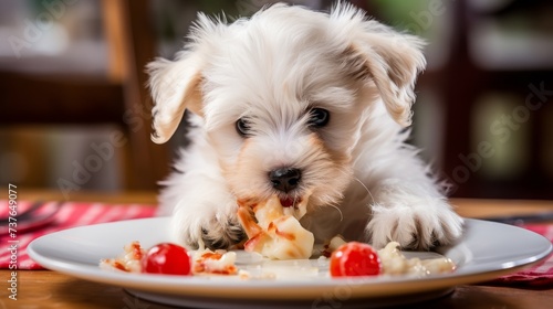 Small White Dog Eating Food off of Plate