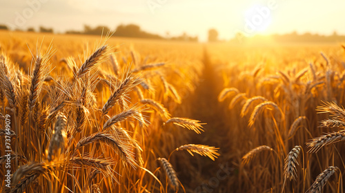 陽の光を浴びて輝く豊かに実った小麦畑の風景
