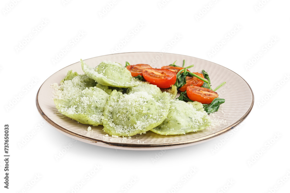 Plate of tasty ravioli with tomatoes and cheese on white background
