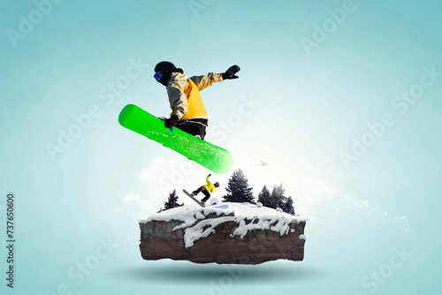 Snowboarder and Alps landscape. Mixed media
