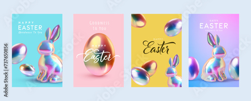 Easter greeting cards,poster or banner template with Rabbit and Easter eggs in gradient metallic holographic style.Greetings and presents for Easter Day.Promotion and shopping template for Easter
