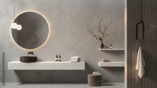 Sleek Minimalist Bathroom Featuring Floating Vanity and Round Mirror