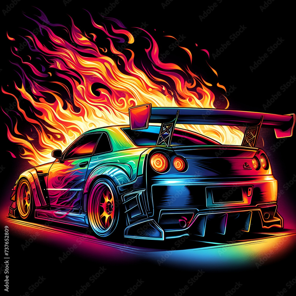 Colorful Hot Fire Burning Supercar Luxury Sports Car with a Spoiler with Orange Heat Flames & Smoke on Body, Black Background Generic Road Race Track Drifting Racing Muscle Car Performing Burnout Art