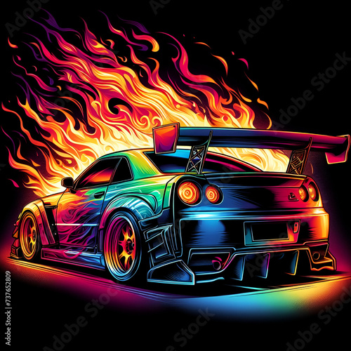 Colorful Hot Fire Burning Supercar Luxury Sports Car with a Spoiler with Orange Heat Flames   Smoke on Body  Black Background Generic Road Race Track Drifting Racing Muscle Car Performing Burnout Art