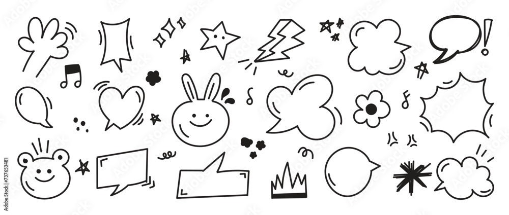  Doodle line sketch childish element set. Flower, heart, cloud children draw style design elements background. Vector illustration.