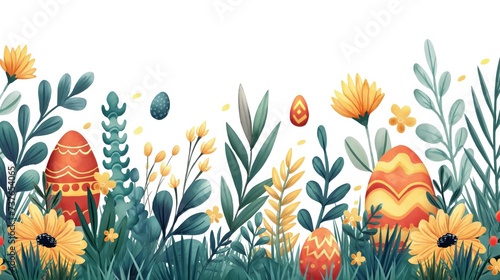 Ilustração vetorial de pascoa, com muitas cores, ovos e plantas photo