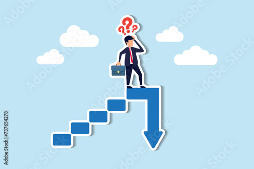 Stock market slump or bubble burst, risking investments, triggering recession, career stagnation, or financial peril concept, frustrated businessman investor climb up stair with arrow down on top.